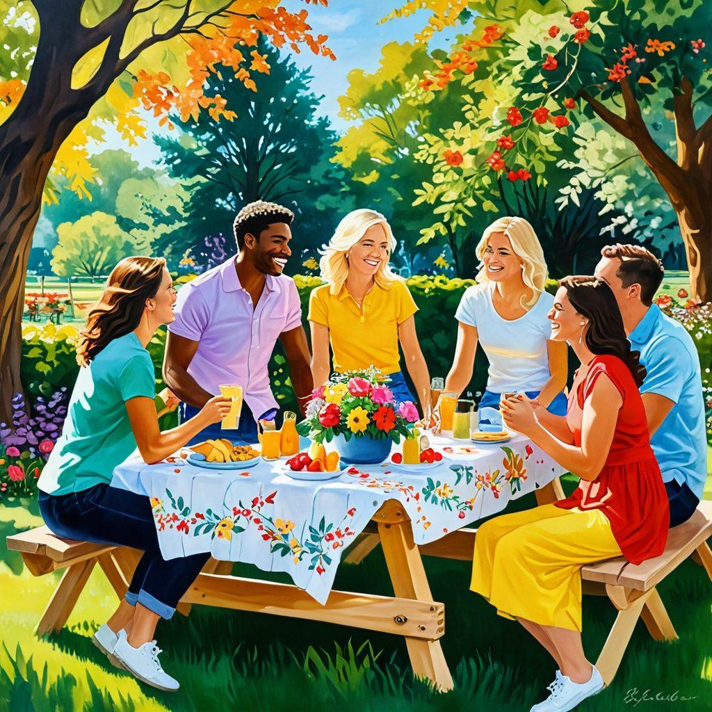 A warm, inviting scene of a diverse group of friends gathered around a beautifully set picnic table adorned with colorful flowers, joyful expressions, and sharing laughter. In the background, a lush park symbolizes togetherness, with soft sunlight filtering through trees, creating a serene atmosphere. This illustration encapsulates joy, connection, and merriment. vibrant colors. painting.