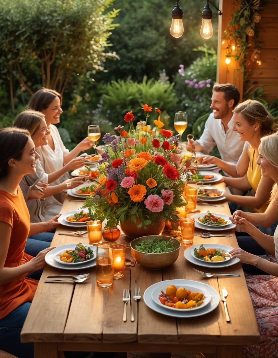 An inviting dining table filled with an array of gourmet dishes, surrounded by diverse groups of friends and family joyfully sharing food and laughter. Soft, warm lighting creates a cozy atmosphere, with fresh herbs and flowers adding a touch of nature on the table. A backdrop of a beautiful garden enhances the feeling of togetherness and celebration. Artistic, warm tones to evoke a sense of joy and community. super-realistic. vibrant colors.