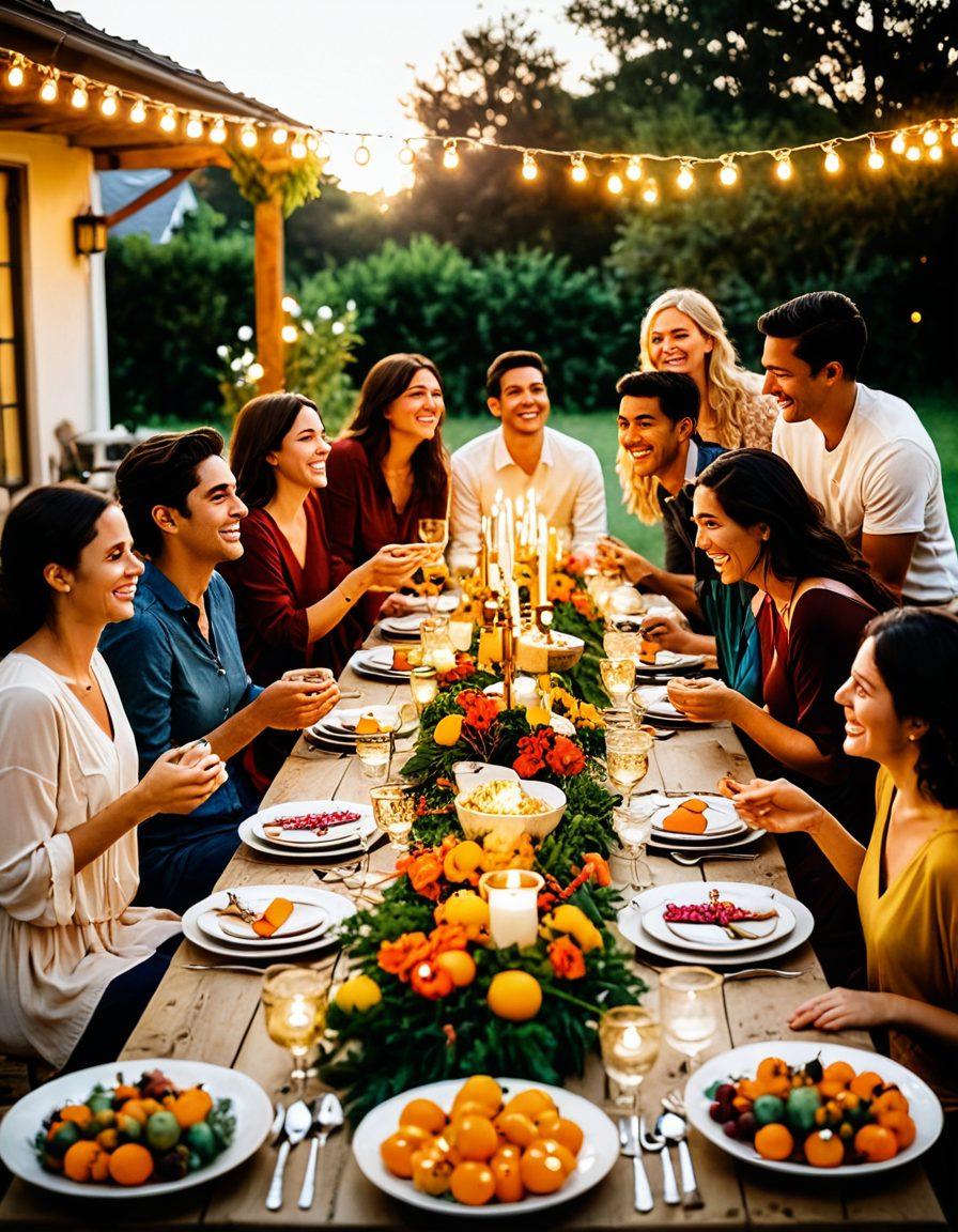 A vibrant gathering of diverse people celebrating around a beautifully decorated outdoor table filled with colorful dishes and festive decorations. Include warm lights strung above and joyful expressions on the faces of attendees as they share laughter and stories. The scene should capture the essence of togetherness and merriment, with soft golden hues of sunset in the background. super-realistic. vibrant colors. warm lighting.